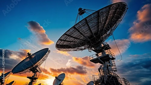 Wallpaper Mural Satellite Dishes at Sunset:  Silhouetted against a vibrant sunset, a cluster of large satellite dishes reach towards the heavens, symbolizing global communication and technological advancement. Torontodigital.ca