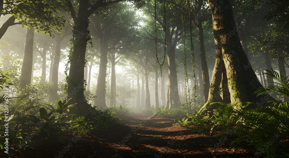 Naklejka premium Misty Forest Path Sunlight Through Trees