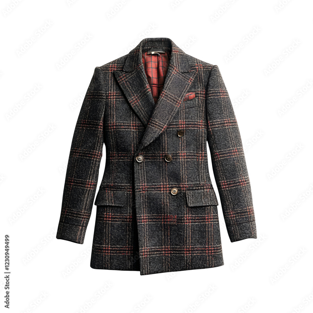 Double-Breasted Wool Coat with Grey and Red Plaid Pattern Isolated on Transparent Background Double-Breasted Wool Coat with Grey and Red Plaid Pattern Isolated on Transparent Background