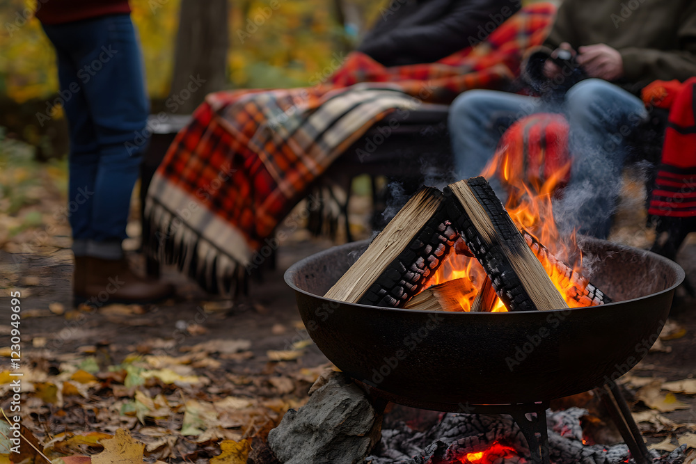 A cozy campfire scene with people wrapped in blankets, enjoying nature's beauty.