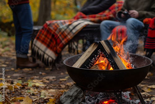 Obraz na płótnie A cozy campfire scene with people wrapped in blankets, enjoying nature's beauty. w salonie
