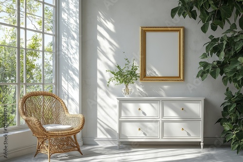 White sideboard with three drawers and two doors, gold - framed wall decor, rattan chair in minimal interior with sunlight. photo