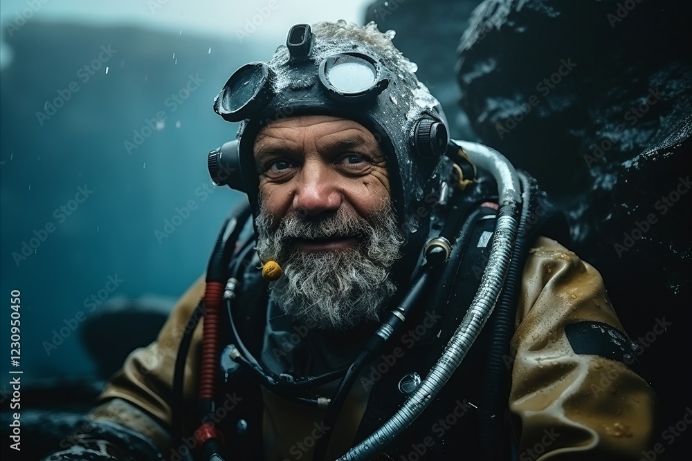 Portrait of a senior male scuba diver with a long beard and mustache Portrait of a senior male scuba diver with a long beard and mustache