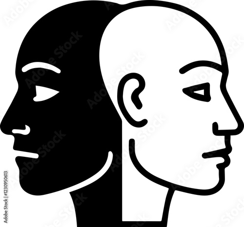 Black and White Vector Illustration of Two Faces Representing Dual Personalities