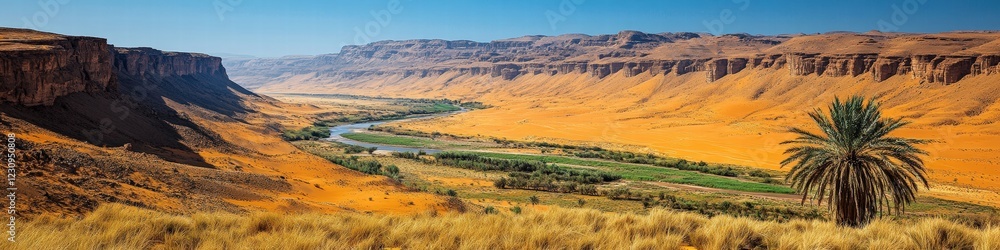 Stunning Sahara Desert Oasis Landscape with Distant Mountains, Lush River Valley, and Solitary Palm Tree Under Vibrant Blue Sky Stunning Sahara Desert Oasis Landscape with Distant Mountains, Lush River Valley, and Solitary Palm Tree Under Vibrant Blue Sky