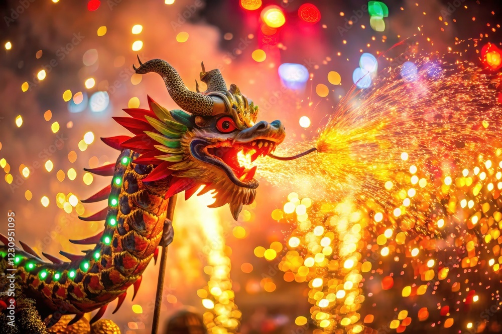 Fototapeta premium Dragon Fireworks Bokeh: Chinese New Year Festive Explosions, Night Photography, Blurred Background, Sparkling Lights, Celebration
