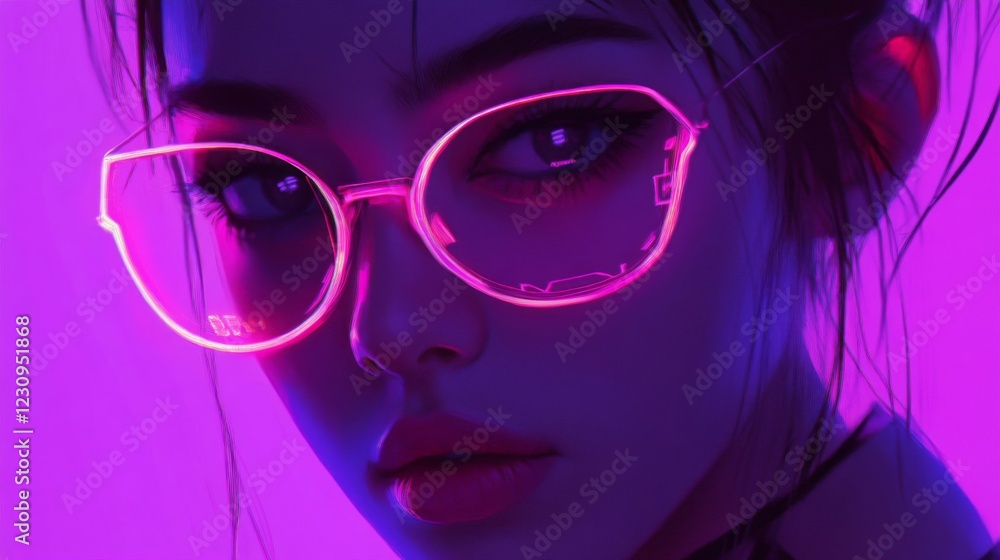 Closeup Portrait of a Woman Wearing Neon Pink Glasses in Purple Light Closeup Portrait of a Woman Wearing Neon Pink Glasses in Purple Light