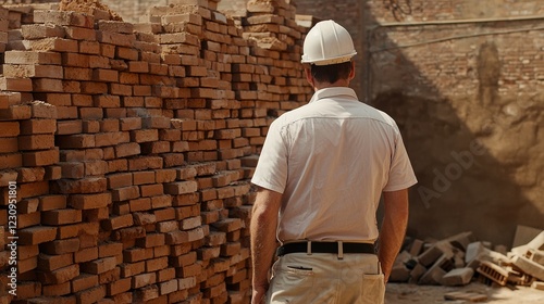 Wallpaper Mural Back view of an engineer observing a team laying bricks for a building wall Torontodigital.ca