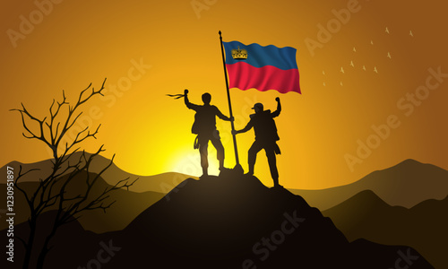 Liechtenstein flag, silhouette of two climbers holding a flag at sunset over the mountain