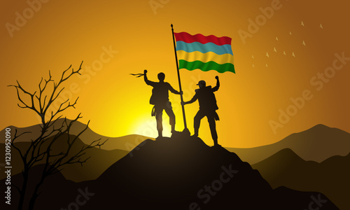 Mauritius flag, silhouette of two climbers holding a flag at sunset over the mountain