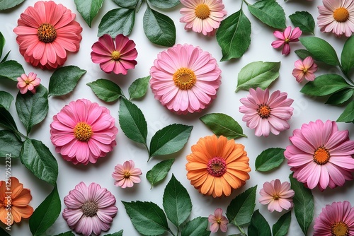 Colorful Spring Flowers and Green Leaves in Flat Lay, Top - view for Wallpaper photo