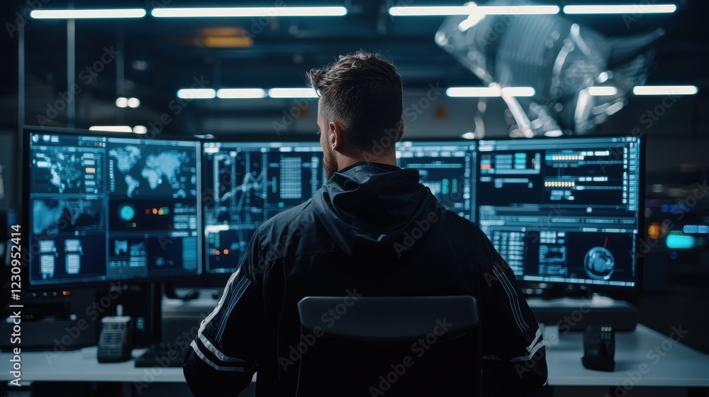 Back view of an engineer standing near a control panel, monitoring automated mining systems Back view of an engineer standing near a control panel, monitoring automated mining systems