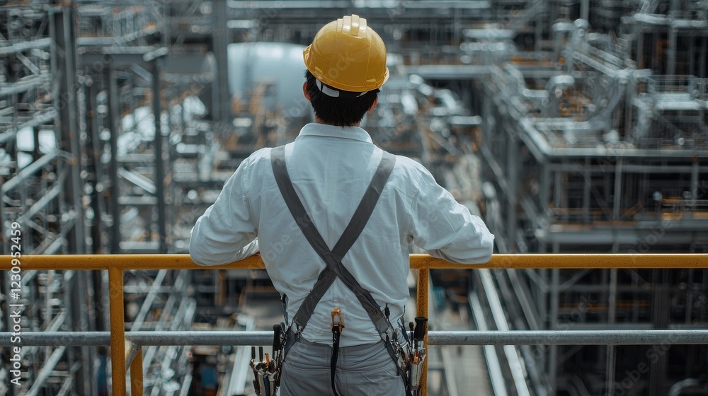Fototapeta premium Back view of an engineer standing on scaffolding, overlooking ongoing work across an industrial complex