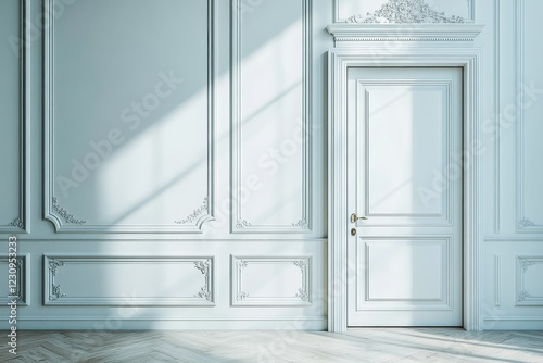 Empty Room with White Walls, Open Door, Classic Trim and Soft Shadow for Ads photo