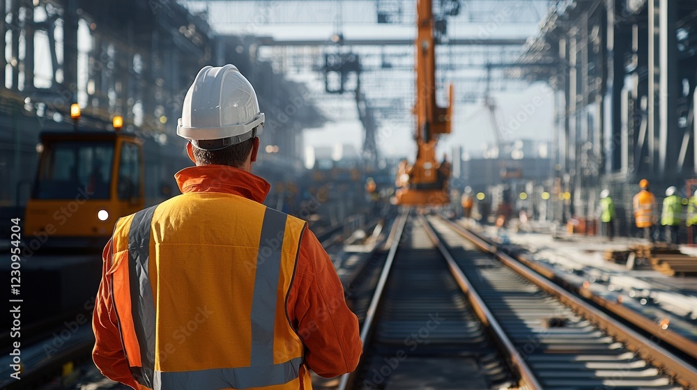 Engineer worker back view directing a crane operator as they lift rails into place Engineer worker back view directing a crane operator as they lift rails into place