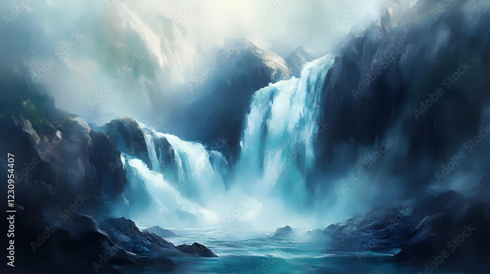 Obraz premium A serene waterfall cascading down rocky cliffs into a misty pool below.