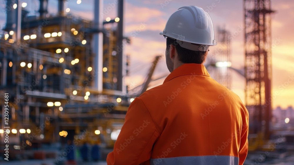 Engineer worker back view monitoring progress across multiple operations in a bustling worksite Engineer worker back view monitoring progress across multiple operations in a bustling worksite