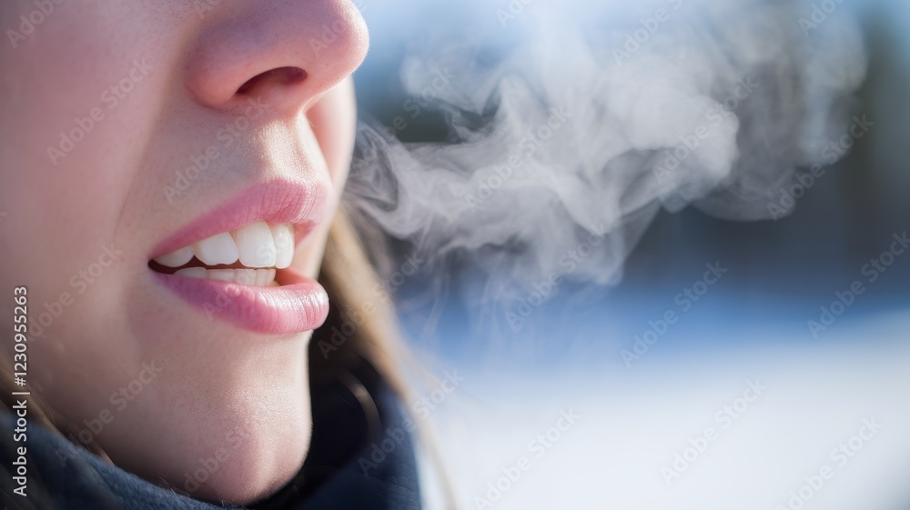 Fototapeta premium A close-up of a young woman exhaling visible breath in a cold winter setting, showcasing her soft smile and natural beauty.