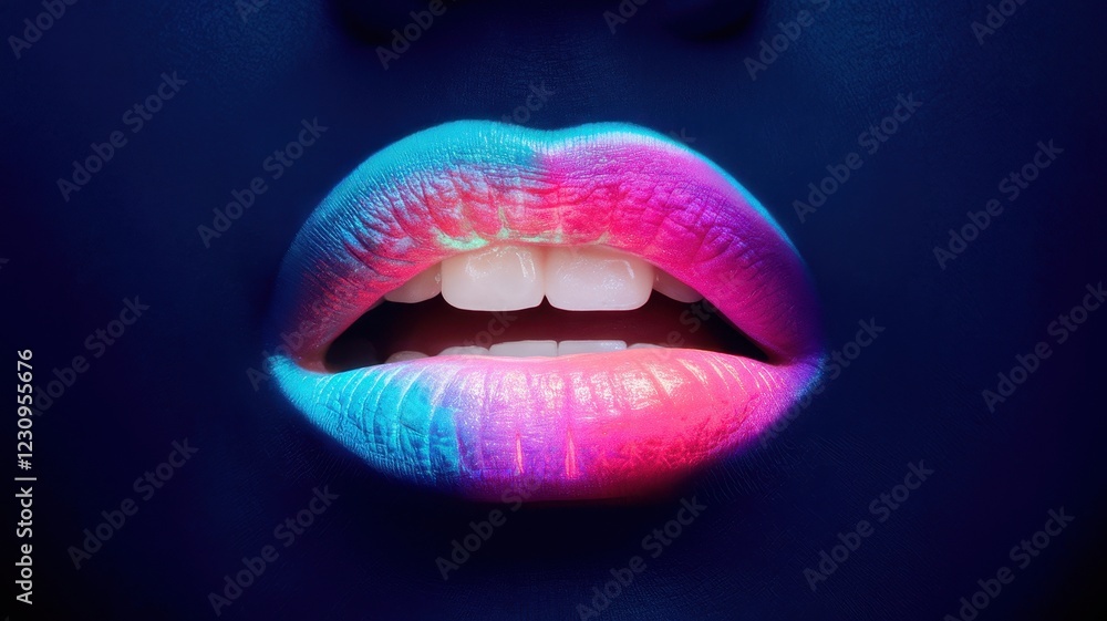 Close-up of a woman's lips illuminated with vibrant neon colors, showcasing a stunning artistic style that highlights beauty and creativity. Close-up of a woman's lips illuminated with vibrant neon colors, showcasing a stunning artistic style that highlights beauty and creativity.