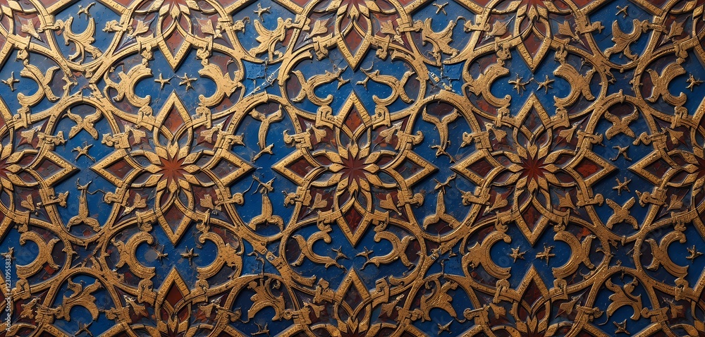 Detailed ornate pattern with gold and red elements on a blue background texture. Islamic Ornament pattern Detailed ornate pattern with gold and red elements on a blue background texture. Islamic Ornament pattern