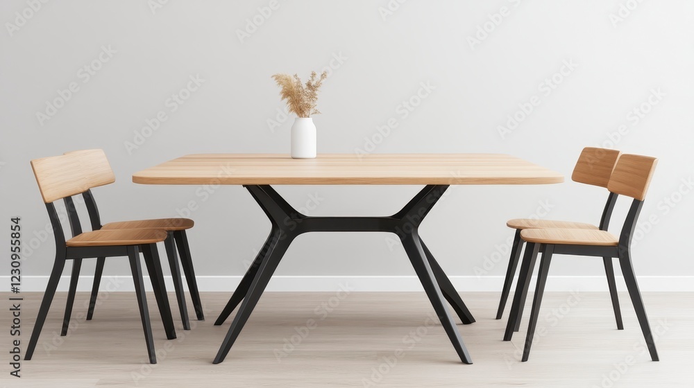 Fototapeta premium Modern Minimalist Dining Table with Wooden Chairs and Vase