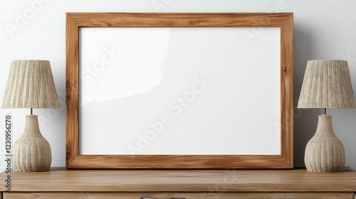 Blank Picture Frame on Wooden Table with Woven Lamps