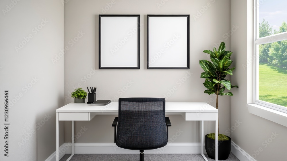 Modern Minimalist Home Office with Desk and Empty Wall Frames Modern Minimalist Home Office with Desk and Empty Wall Frames