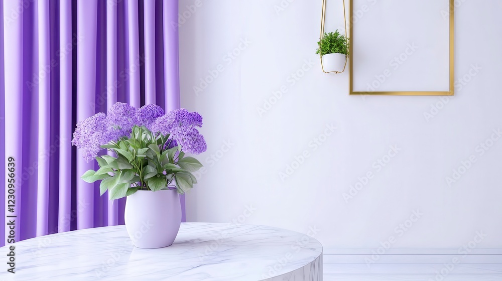 Fototapeta premium Elegant Interior with Purple Curtains and Fresh Lilac Flowers