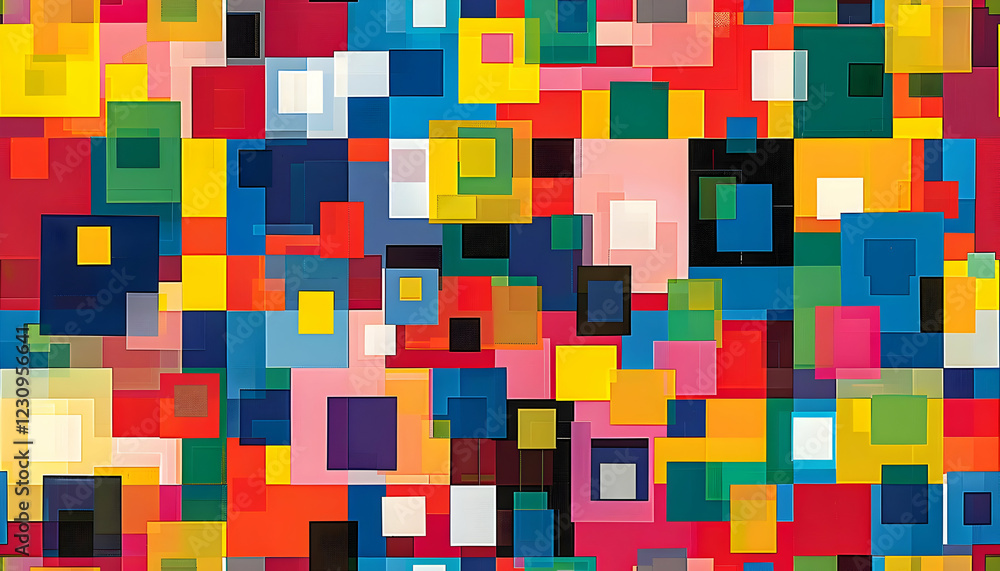 A vibrant abstract composition of colorful squares and circles creating a lively pattern. A vibrant abstract composition of colorful squares and circles creating a lively pattern.