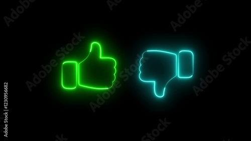 Glowing neon Like and dislike icon. Thumbs up and thumbs down. Colorful neon light glowing icon. Thumb neon icon. like. Animated neon symbol on black background. 4k video.	