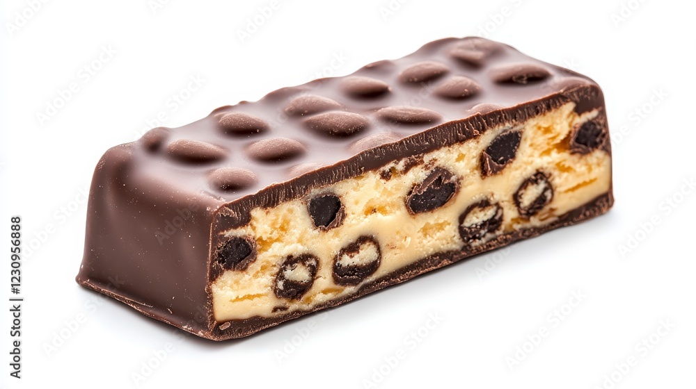 Close-up View of Chocolate Bar with Crunchy Filling and Nuts