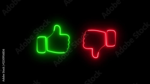 Glowing neon Like and dislike icon. Thumbs up and thumbs down. Colorful neon light glowing icon. Thumb neon icon. like. Animated neon symbol on black background. 4k video.