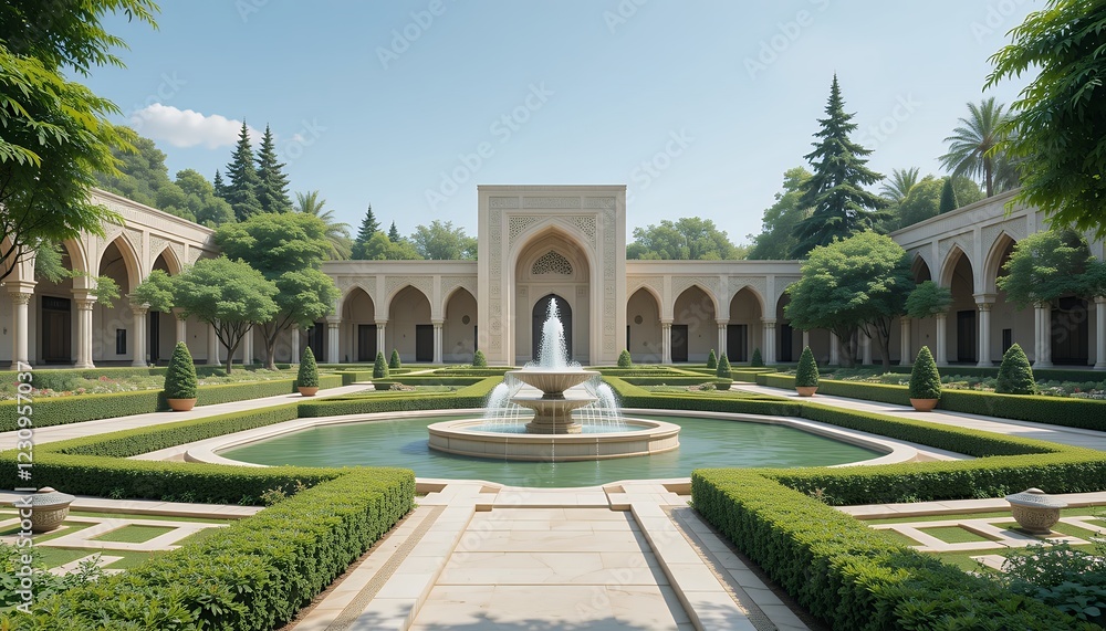 Obraz premium Tranquil Courtyard with Central Fountain Surrounded by Formal Garden