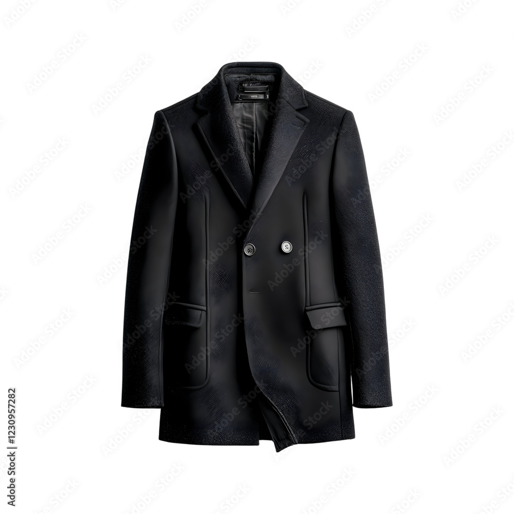 Wool Coat with Tailored Fit in Black with Button Detail Isolated on Transparent Background Wool Coat with Tailored Fit in Black with Button Detail Isolated on Transparent Background