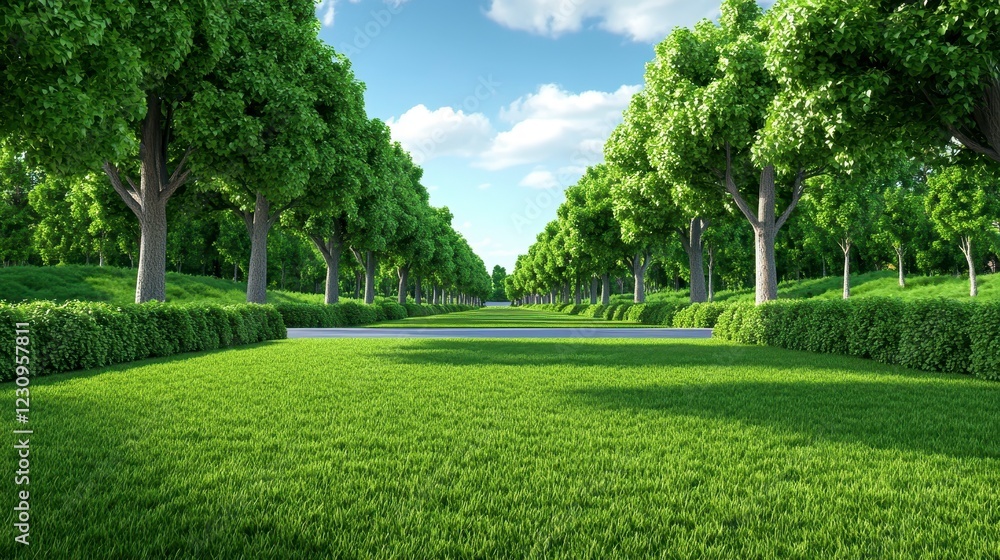 Fototapeta premium Serene Tree-Lined Pathway Under a Bright Blue Sky in Summer