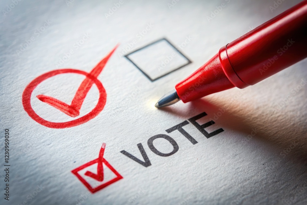 Fototapeta premium Macro lens captures a crucial detail: a red checkmark on a ballot. Vote.