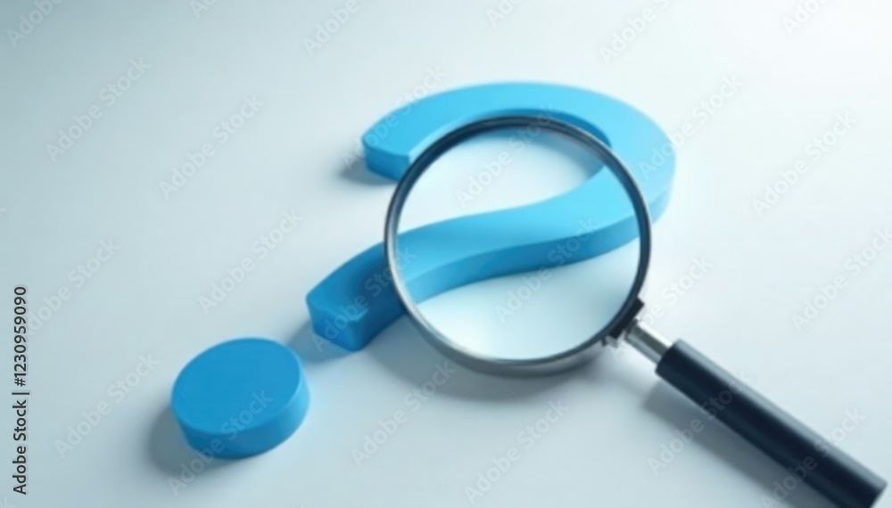 A delicate blue question mark with a magnifying glass is embedded in a soft focus white background with a subtle gradient effect, magnifying glass, ambient, question mark A delicate blue question mark with a magnifying glass is embedded in a soft focus white background with a subtle gradient effect, magnifying glass, ambient, question mark