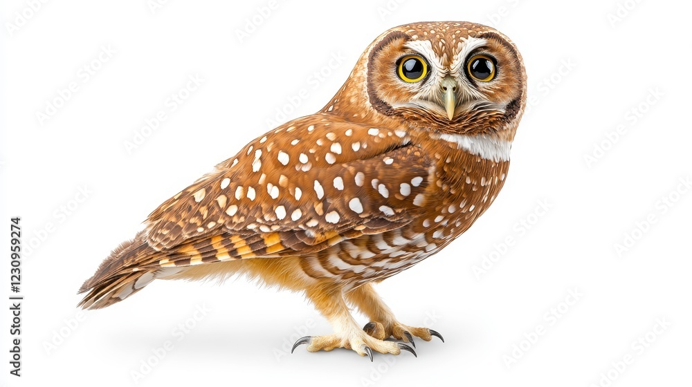 Fototapeta premium Adorable Spotted Owl with Large Eyes Standing on White Background