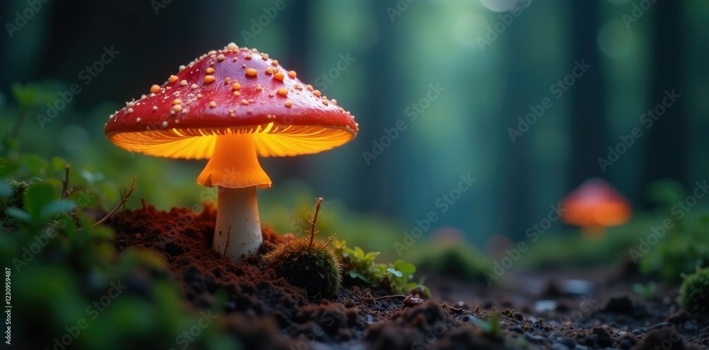 Fototapeta premium A glowing mushroom grows in a hidden clearing, forest, earthy