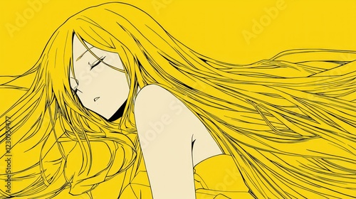 Yellow-haired girl sleeping, yellow background, peaceful scene, illustration use