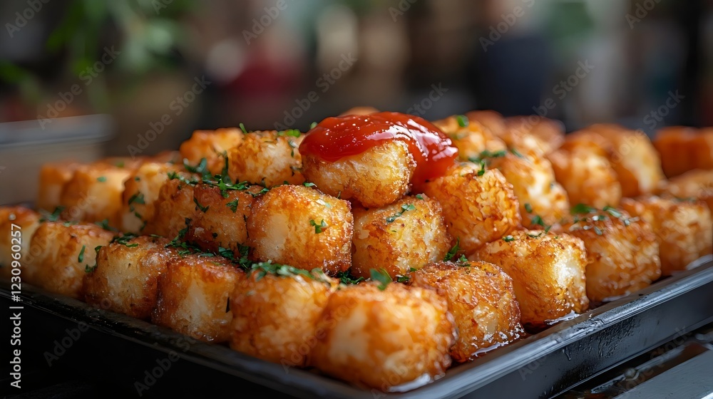 A tray of tater tots with a ketchup on top A tray of tater tots with a ketchup on top