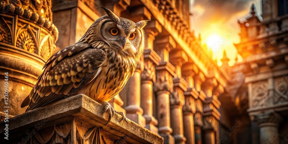 Fototapeta premium Majestic owls grace serene architectural spaces. Ancient wisdom reflected in detailed photography. Wise Owl Architectural Photography.