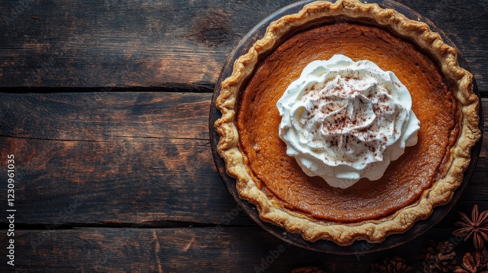 Delicious pumpkin pie topped with whipped cream, placed on a rustic wooden table, surrounded by spices Delicious pumpkin pie topped with whipped cream, placed on a rustic wooden table, surrounded by spices