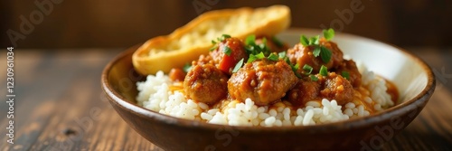 Crispy bread on top of white rice bowl with savory veal pieces in a garlicky sauce, fried, garlic, saucy photo