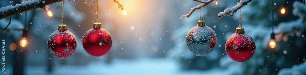 Dangling Christmas ornaments in a frosty winter air, Hanging, Winter air, Holiday decoration Dangling Christmas ornaments in a frosty winter air, Hanging, Winter air, Holiday decoration