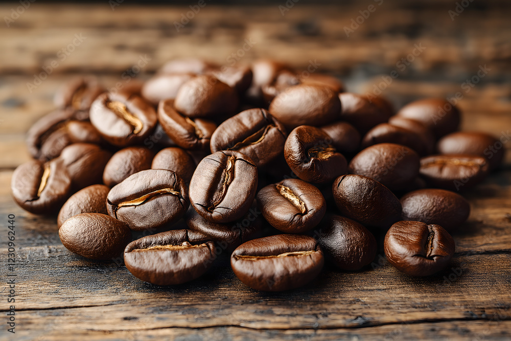Naklejka premium Close-up View of Roasted Coffee Beans on Wooden Surface
