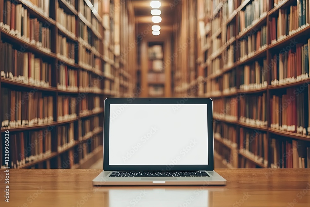 Vibrant Color Picture of Blank Screen Open Laptop on Wooden Desk in Library Vibrant Color Picture of Blank Screen Open Laptop on Wooden Desk in Library