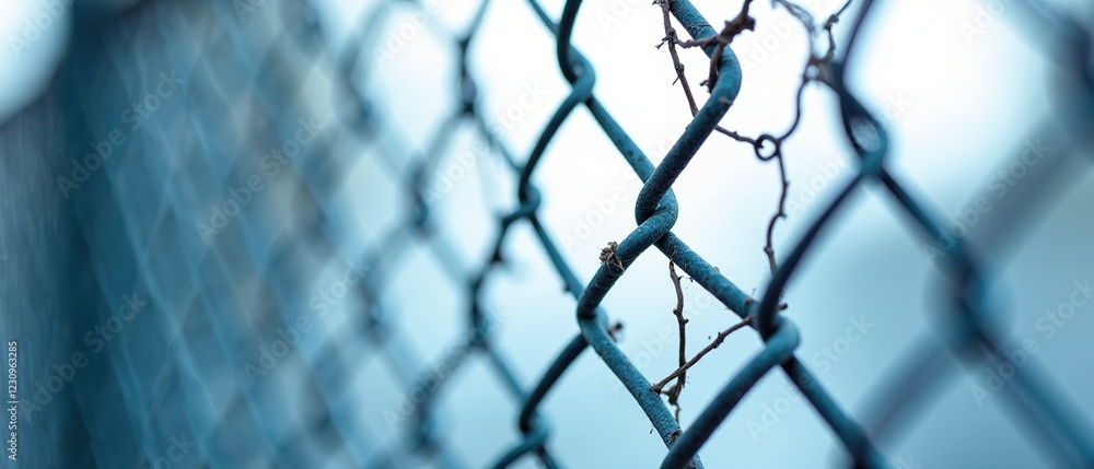 Naklejka premium Broken Mesh Fence Close-up - Sharp Colors & Depth