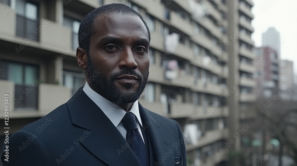 Fototapeta premium A man dressed in a tailored suit stands confidently in front of a contemporary apartment building. He gazes thoughtfully, reflecting the urban atmosphere of the city