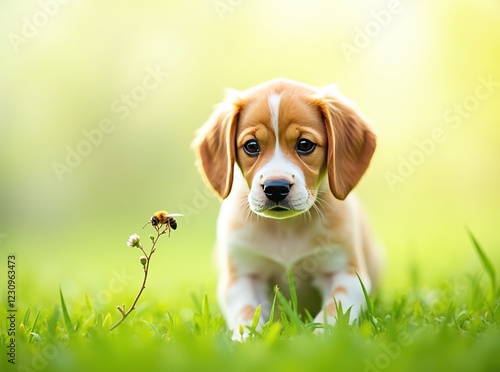 Beagle Puppy on Meadowsweet Lawn Summertime photo